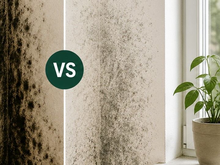 Illustration comparing dense black mold growth with sparse surface mildew