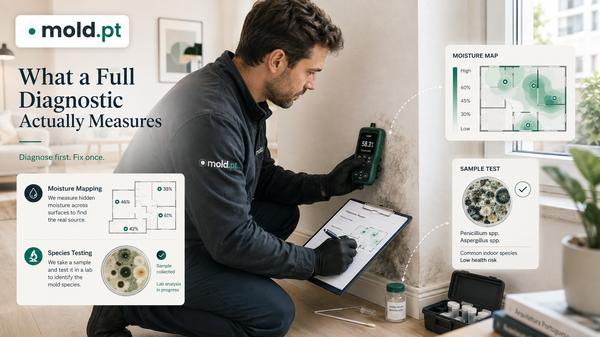 A mold.pt inspector taking a moisture reading on a wall, with a moisture map and mold sample test overlay
