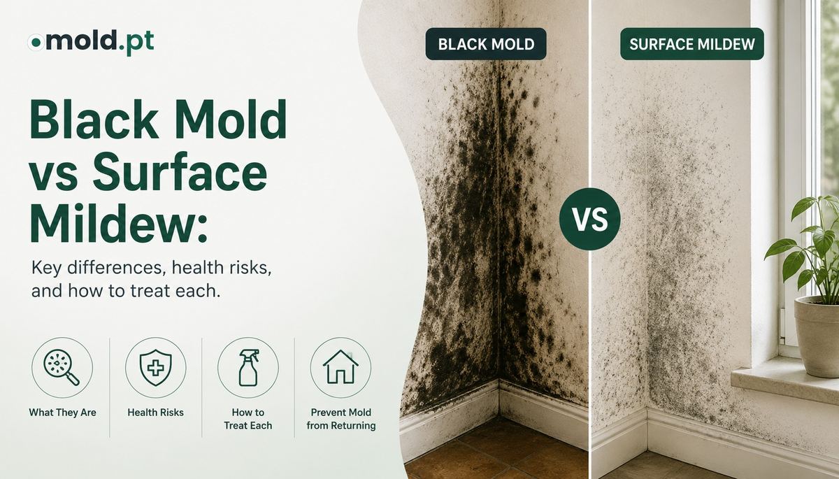 Black mold vs surface mildew, side by side comparison on a wall corner