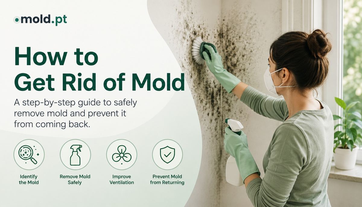 How to get rid of mold, a person cleaning mold off a wall wearing gloves and a mask