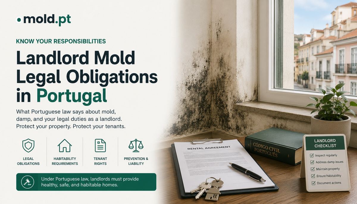 Landlord mold legal obligations in Portugal, a rental agreement and legal code book beside a moldy window corner