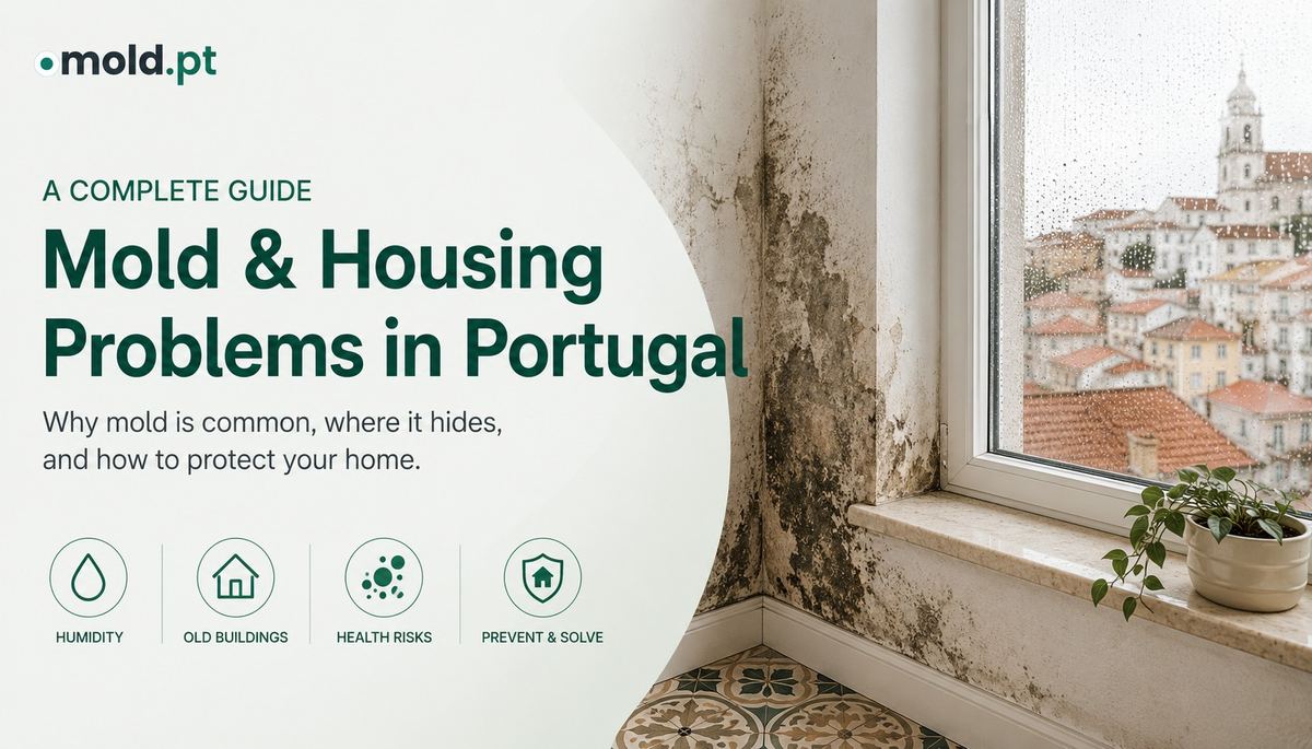 Mold and housing problems in Portugal, mold damage on a wall beside a rainy window overlooking a Portuguese town