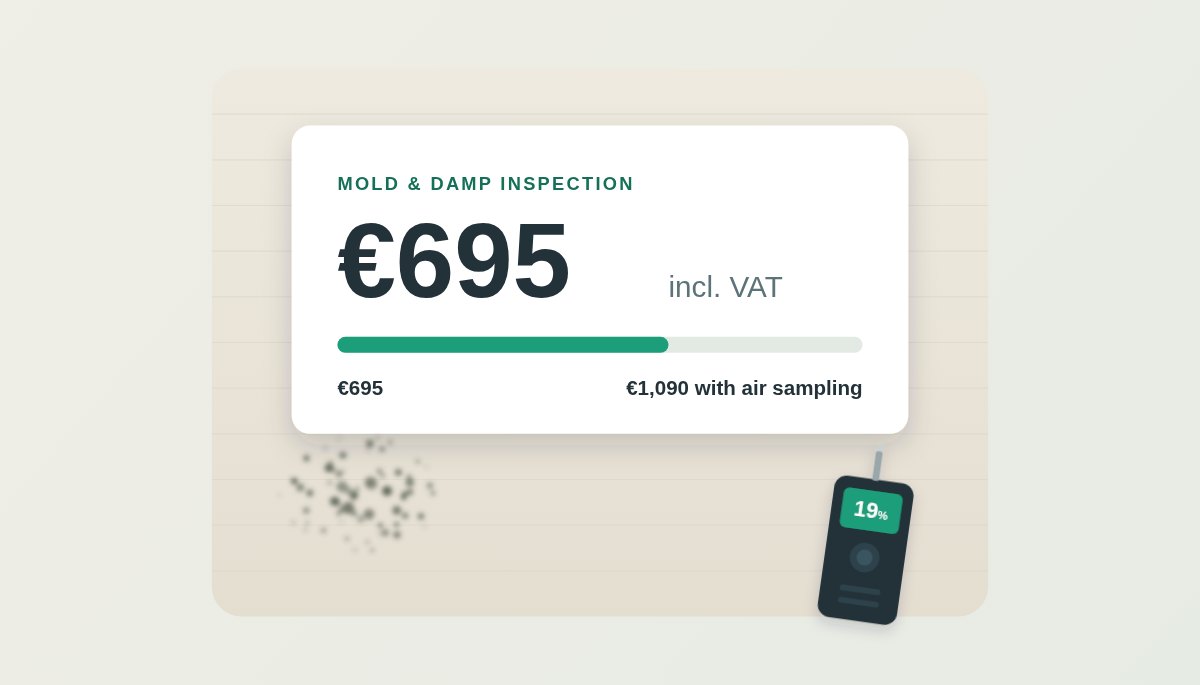 Cartão de preço com uma inspeção de bolor e humidade de €695 e um intervalo até €1.090 com amostragem de ar