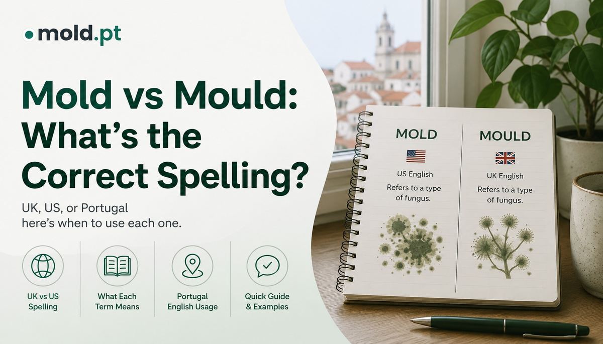 Mold vs mould spelling guide, notebook comparing US and UK spelling with a Portuguese village view