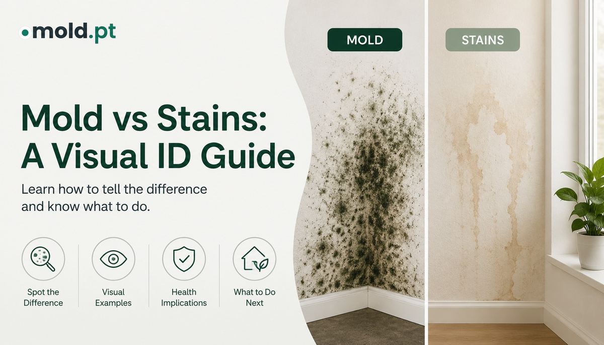 Mold vs stains visual ID guide, side by side comparison of mold and a water stain on a wall