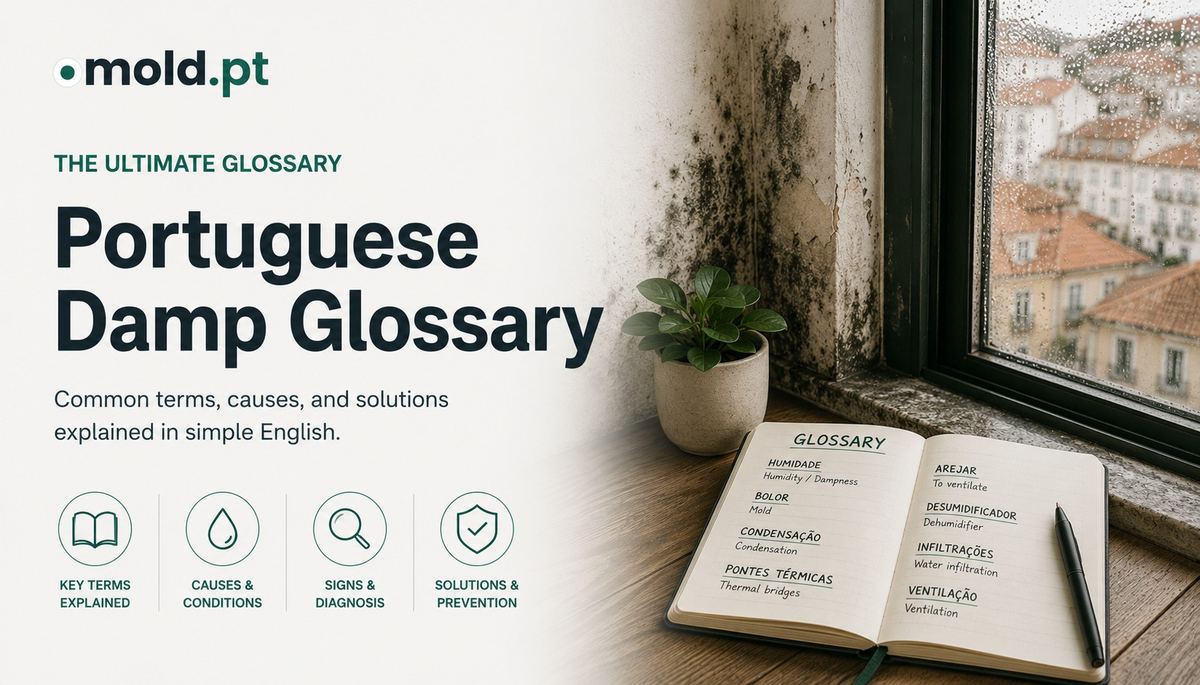 Portuguese damp glossary, an open notebook with damp-related terms beside a mold-affected window