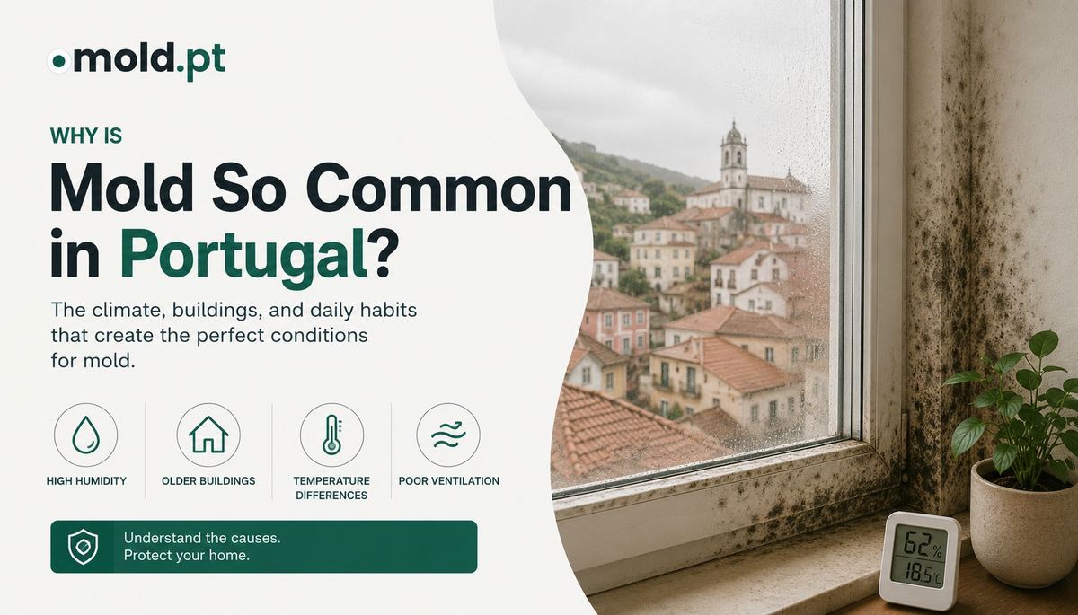 Why is mold so common in Portugal, a rainy window with mold overlooking a Portuguese hillside town