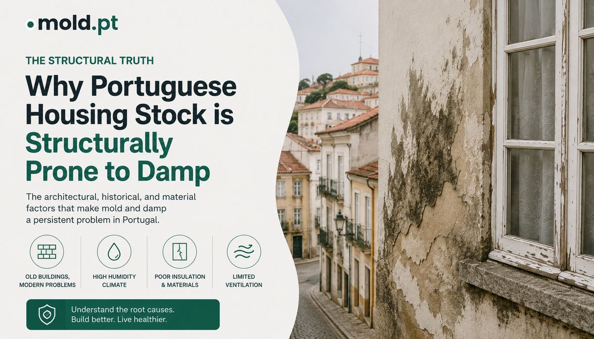 Why Portuguese housing stock is structurally prone to damp, a weathered building facade on a Portuguese street