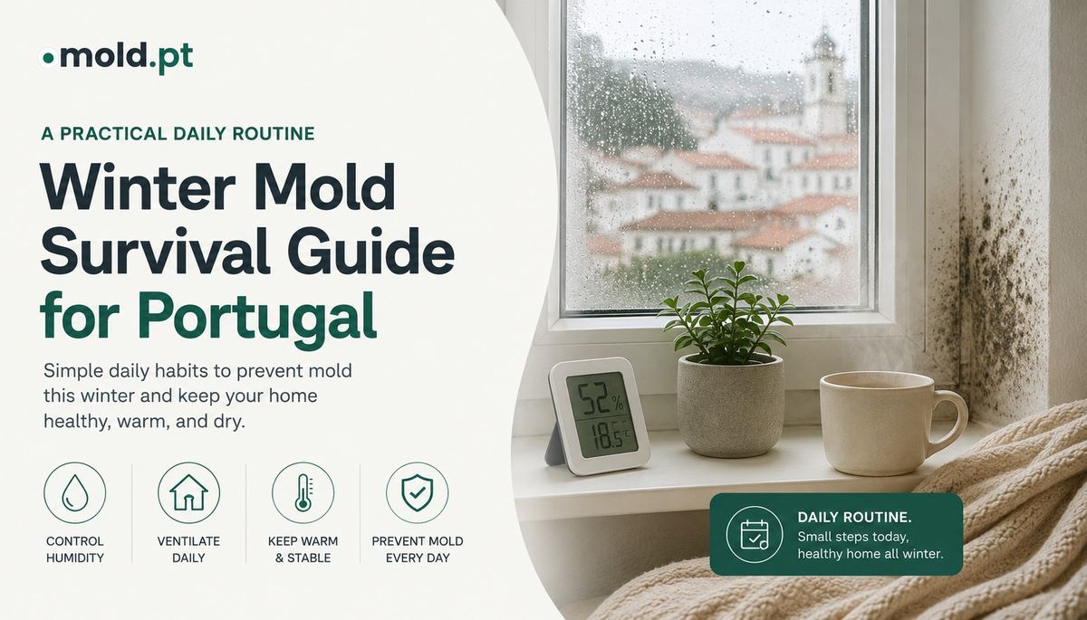 Winter Mold Survival Guide for Portugal: a practical daily routine with a hygrometer on a rainy windowsill