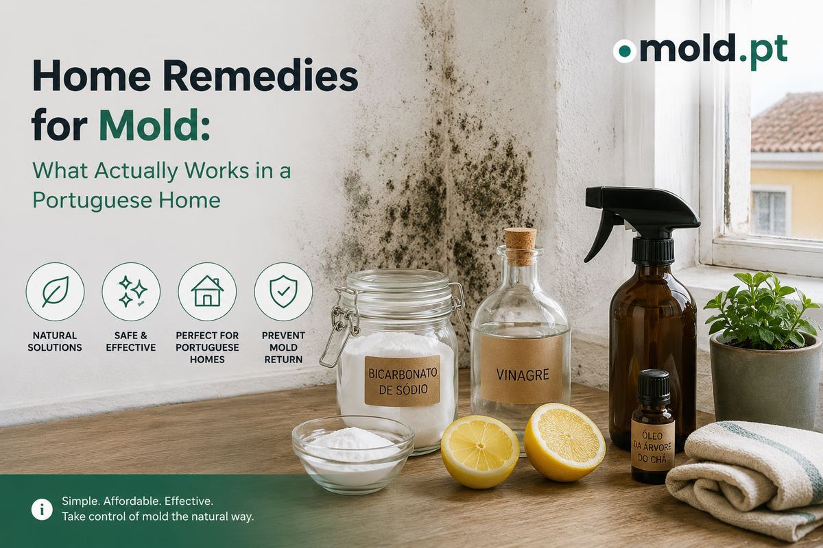 Home remedies for mold: baking soda, vinegar, tea tree oil, and a spray bottle next to a mold-affected wall