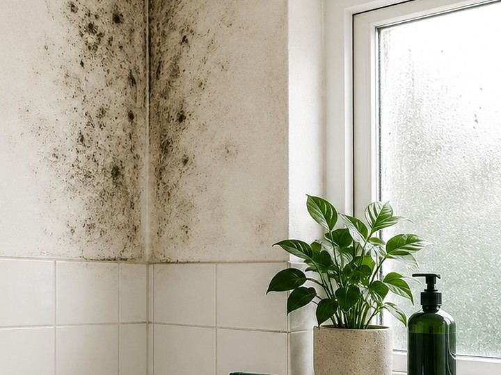 Illustration of a bathroom tile wall with a mold spot and a spray bottle