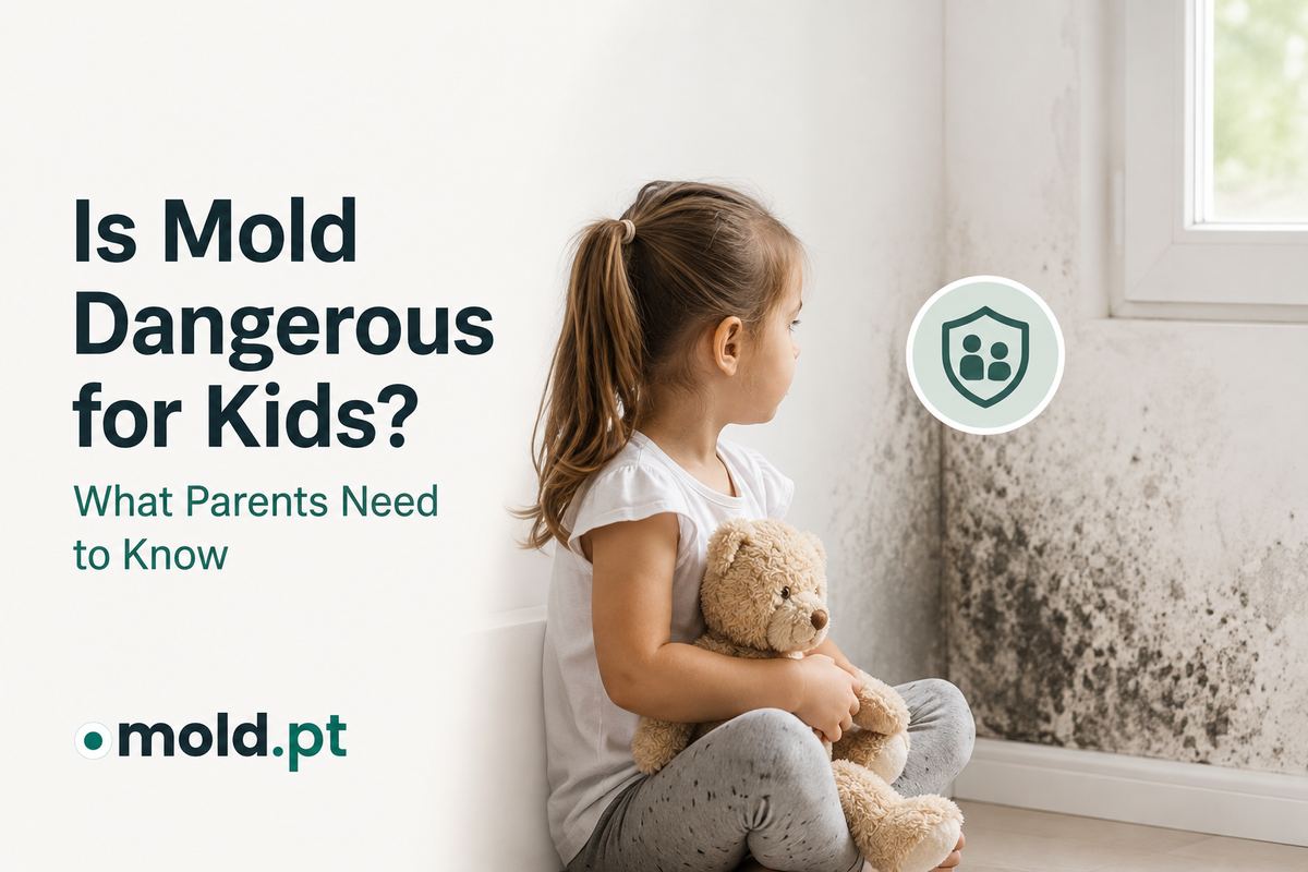 A child sitting on the floor holding a teddy bear next to a wall with visible mold growth