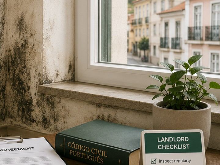 Illustration of a legal document and regulatory seal representing landlord mold obligations