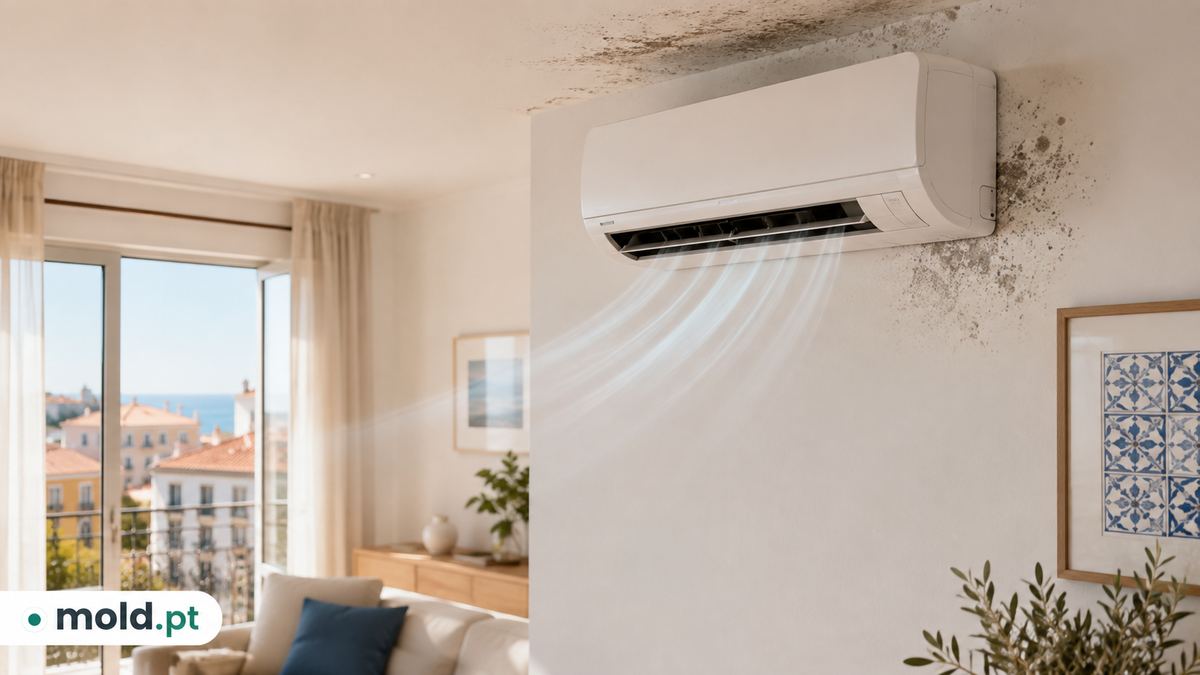 A split-unit air conditioner blowing air toward a wall with visible mold growth