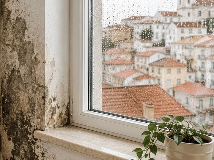 Illustration of a house with mold growth in the corner, representing mold housing problems in Portugal