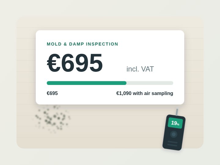 Price card showing a €695 mold and damp inspection and a range up to €1,090 with air sampling
