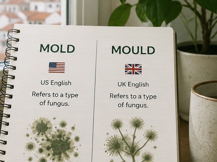 Illustration comparing the US and UK spellings of mold and mould