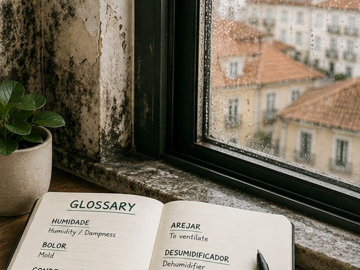 Illustration of an open book representing the Portuguese damp glossary