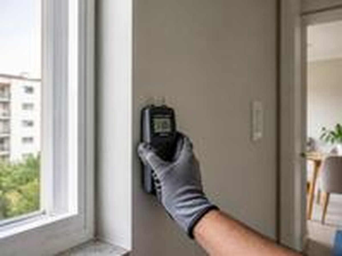 Técnico a medir a humidade de uma parede junto a uma janela num apartamento em Portugal