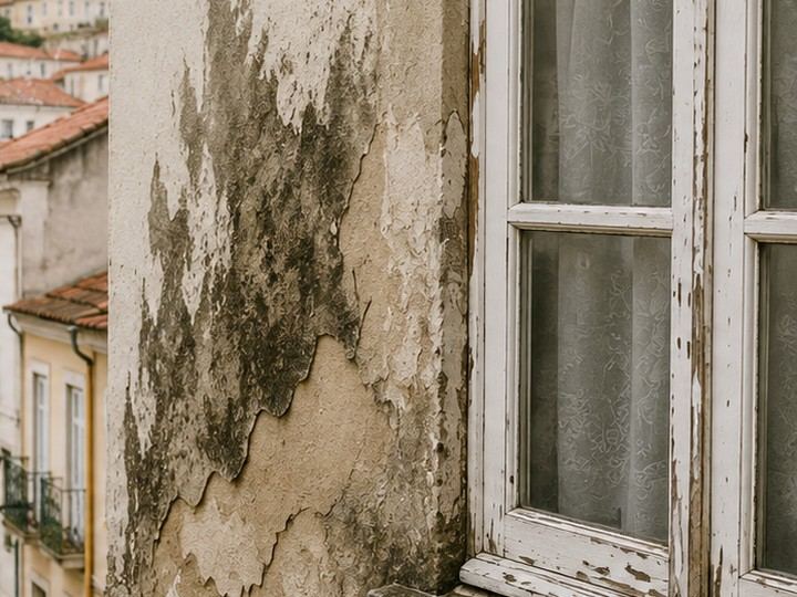 Illustration of a brick wall cross-section showing rising damp